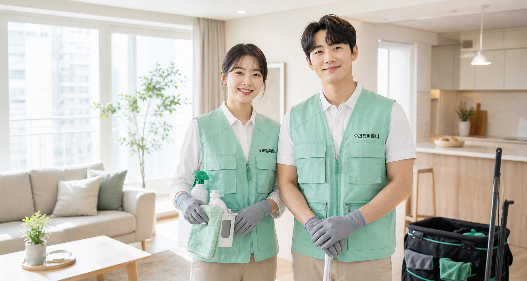우리집파트너 남녀 서비스 팀이 함께 서 있는 모습