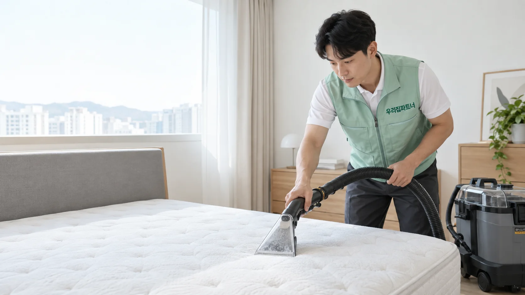 우리집파트너 작업복을 입은 팀장이 매트리스를 습식 세척하는 모습